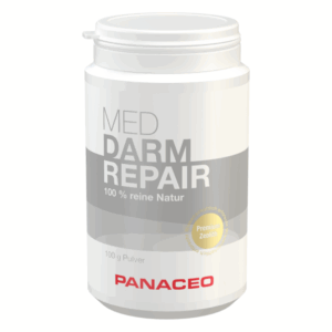 Weißer Behälter mit Schraubverschluss, Inhalt: MED DARM REPAIR, 100 % reine Natur, 100 g Pulver.