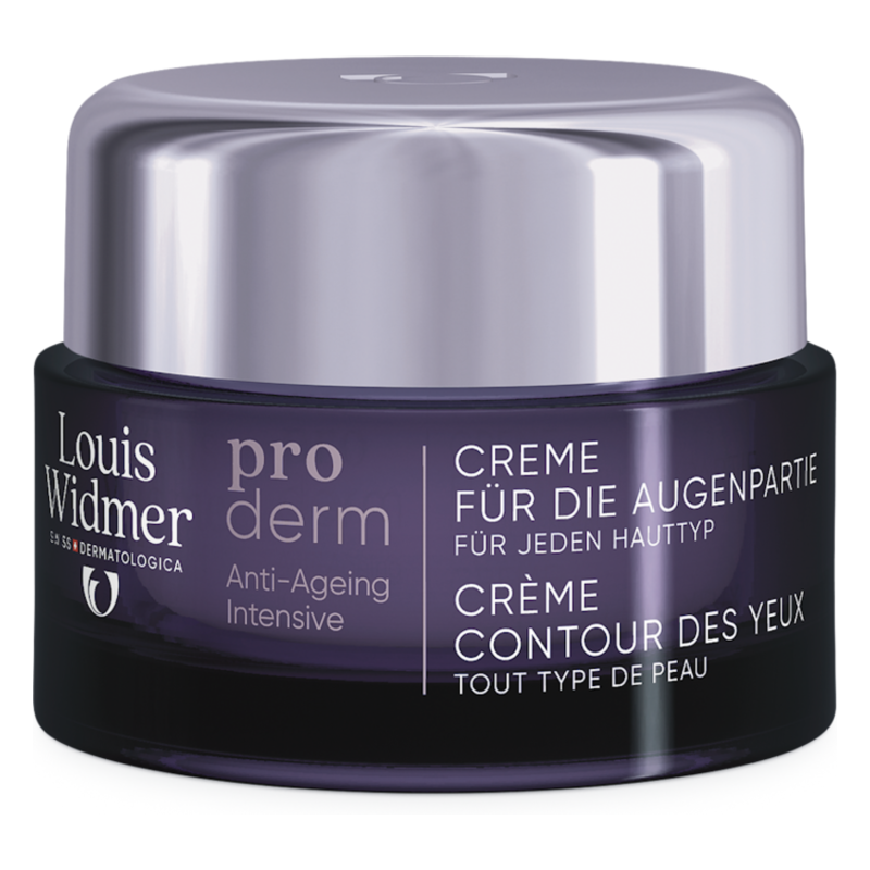 Lila Augencreme von Louis Widmer in einem runden Glasbehälter mit silbernem Deckel und mehrsprachiger Beschriftung.