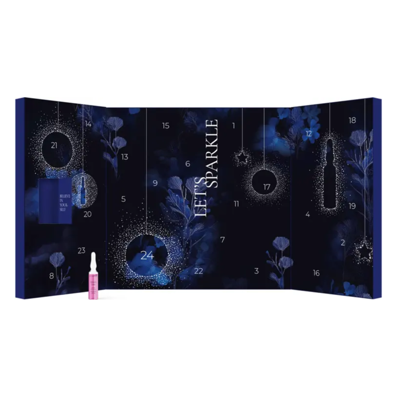 Ein blauer Adventskalender mit glitzerndem Design, der 24 Türchen und eine dekorative Flasche zeigt.