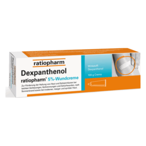 Verpackung der Dexpanthenol 5%-Wundcreme von ratiopharm in einer weißen Box mit blauen und orangefarbenen Akzenten.
