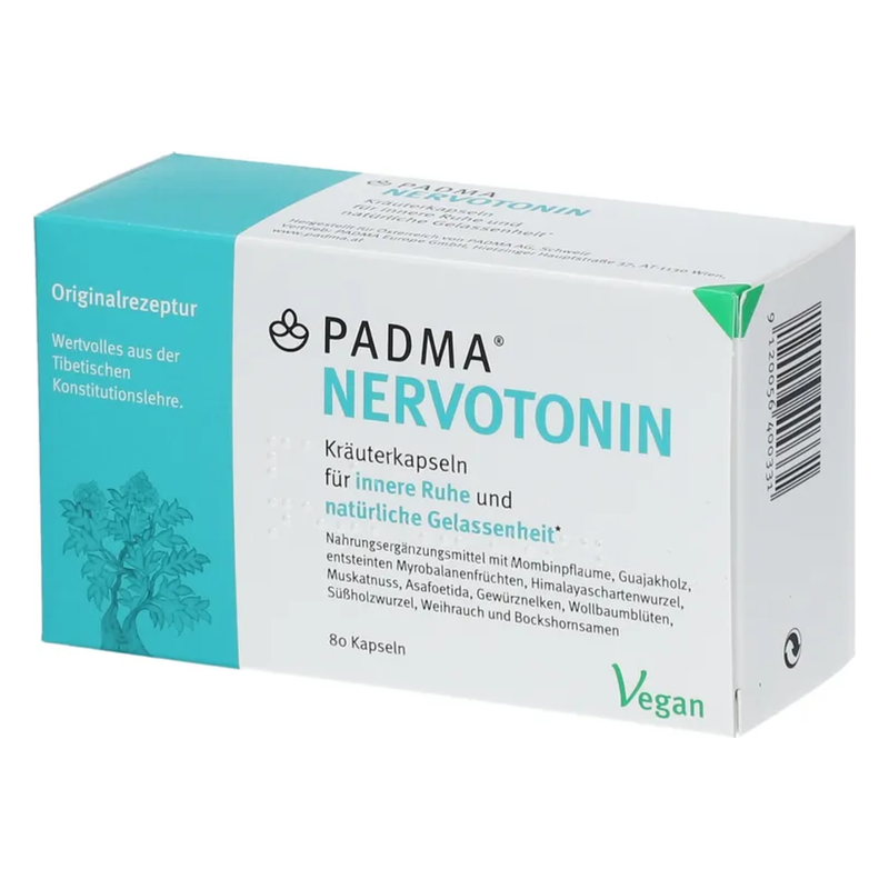 Verpackung von PADMA NERVOTONIN Kräuterkapseln, vegan, zur Unterstützung von innerer Ruhe und Gelassenheit.