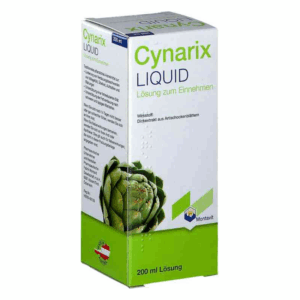 Verpackung von Cynarix Liquid, einer Lösung mit Artischockenblattextrakt, in einem 200 ml Karton.