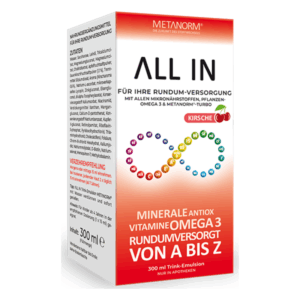 Verpackung eines Nahrungsergänzungsmittels in einer rot-weißen Box, mit der Aufschrift 'ALL IN' und Angaben zu Inhaltsstoffen und Wirkung.