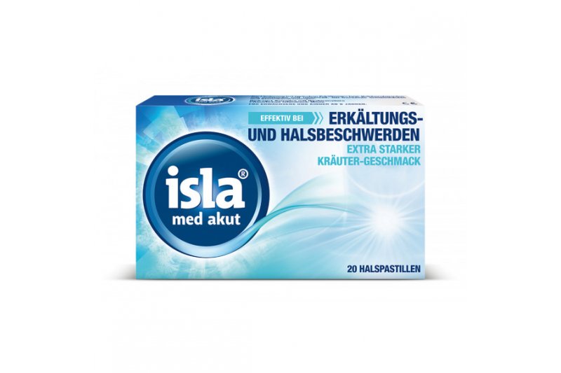 Isla-med-kraeuter.jpg Verpackung von Isla med akut Halspastillen mit Hinweis auf Erkältungs- und Halbbeschwerden, extra starker Kräutergeschmack.