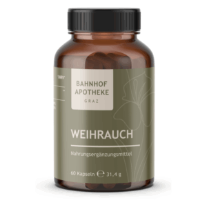 Braune Kunststoffflasche mit schwarzem Deckel, etikettiert mit "WEIHRAUCH" als Nahrungsergänzungsmittel der Bahnhof Apotheke Graz.