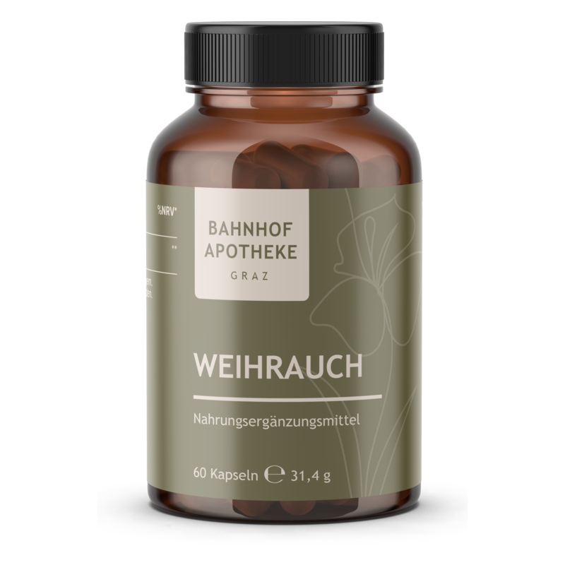 Braune Kunststoffflasche mit schwarzem Deckel, etikettiert mit "WEIHRAUCH" als Nahrungsergänzungsmittel der Bahnhof Apotheke Graz.