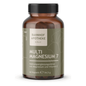 Braune Glasflasche mit schwarzem Deckel, enthält Kapseln für Nahrungsergänzung mit Magnesium und Vitamin C.