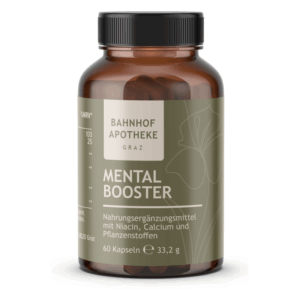 Braune Flasche mit schwarzem Deckel, enthält 60 Kapseln des Nahrungsergänzungsmittels 'Mental Booster'.