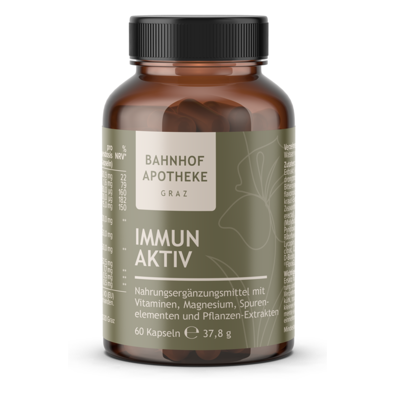 Braune Glasflasche mit Nahrungsergänzungsmittel, beschriftet mit "IMMUN AKTIV" und Angaben zu Inhaltsstoffen.