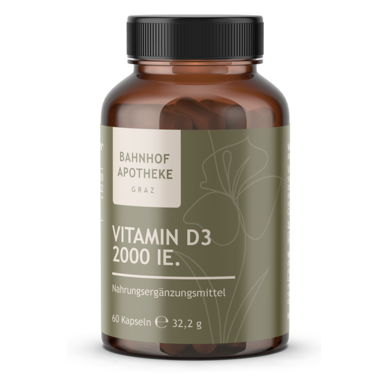 Braune Flasche mit Vitamin D3 Kapseln, beschriftet mit "Bahnhof Apotheke Graz" und Inhaltsinformationen.