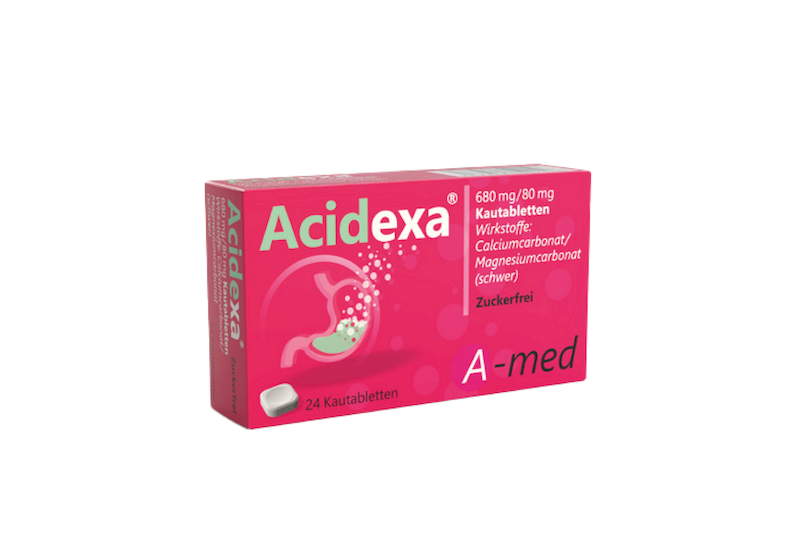 acidexa-kautabletten.png Verpackung von Acidexa Kautabletten in einer pinken Box mit Informationen zu Inhaltsstoffen und Zuckergehalt.