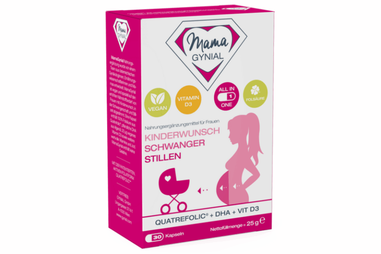Verpackung eines Nahrungsergänzungsmittels für Frauen mit der Aufschrift "Kinderwunsch, Schwanger, Stillen" in bunten Farben.