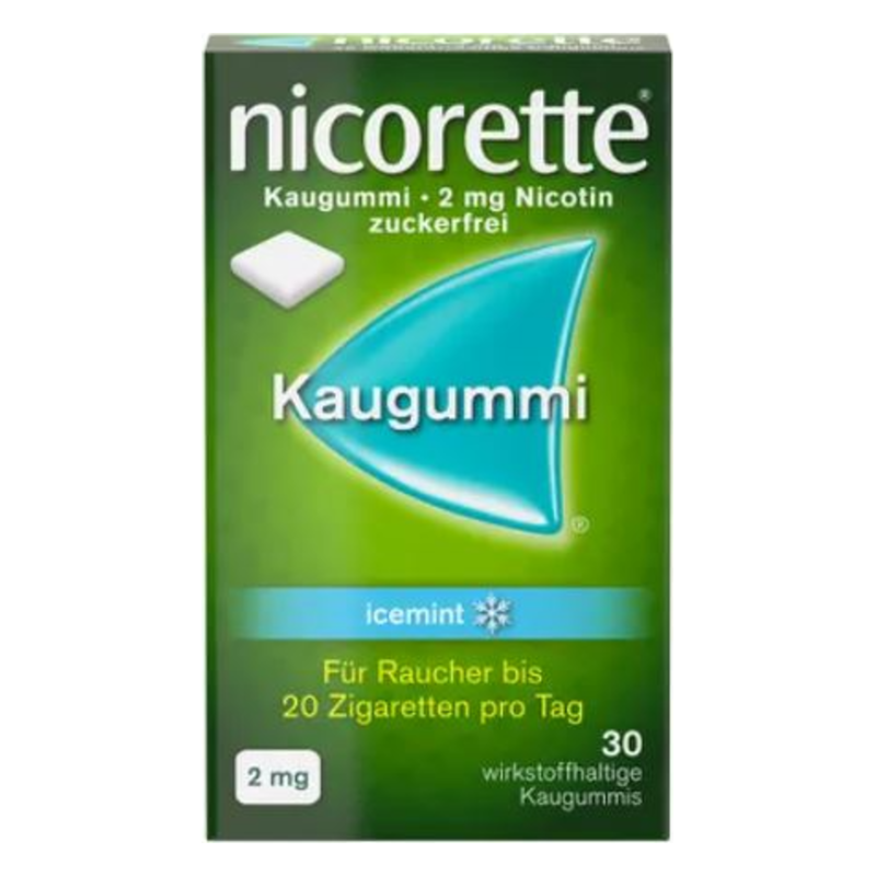 Nicorette Kaugummi mit 2 mg Nikotin, zuckerfrei, in der Geschmacksrichtung Icemint, Verpackung mit grünem Design.