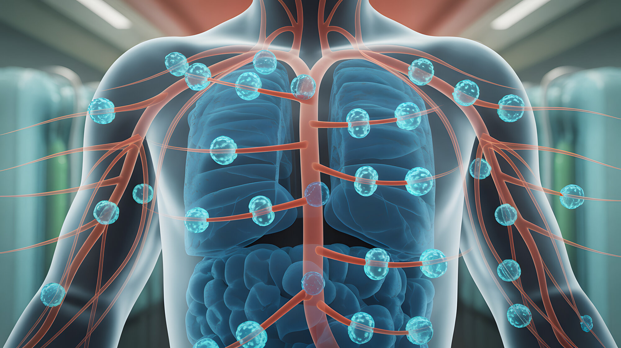 lymph-system.jpeg Darstellung des menschlichen Körpers mit hervorgehobenen Atemwegen, Blutgefäßen und Zellen in blau und rot.