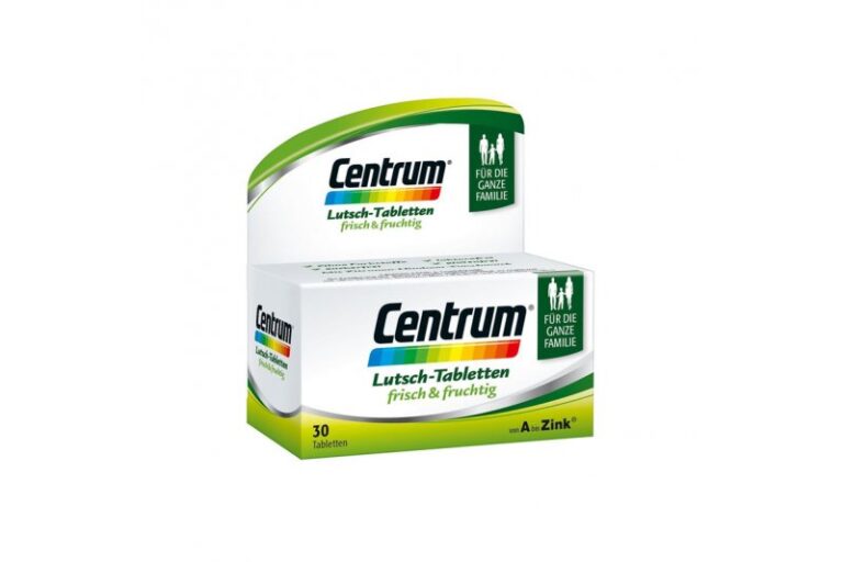 Verpackung von Centrum Lutsch-Tabletten mit fruchtigem Geschmack, geeignet für die ganze Familie.