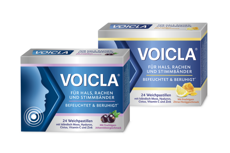 Zwei Verpackungen von VOICLA Weichpastillen für Hals, Rachen und Stimmcords in verschiedenen Geschmacksrichtungen.