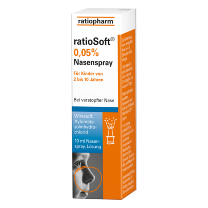 Verpackung von ratioSoft 0,05% Nasenspray für Kinder, mit Angaben zu Wirkstoff und Anwendung.