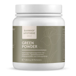 Weißes Glasgefäß mit einem grünlichen Etikett, das "GREEN POWDER" und Inhaltsstoffe anzeigt.