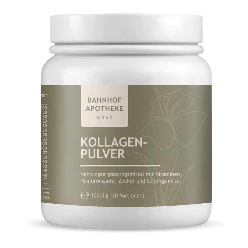 Weißer Kunststoffbehälter mit Deckel, etikettiert mit "Kollagen-Pulver" und Inhaltsstoffen, im neutralen Design.