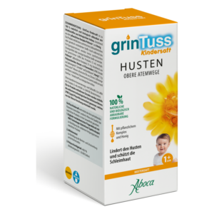 Verpackung von grintuss Hustensaft für Kinder mit Informationen über natürliche Inhaltsstoffe und Anwendungsbereich.