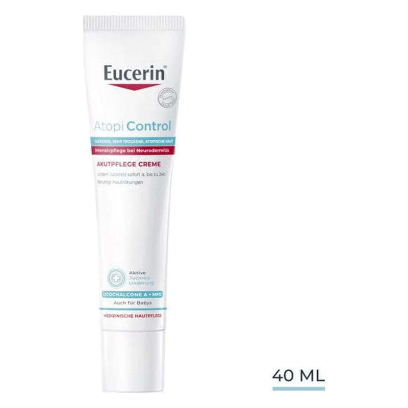 Eucerin Atopi Control Akutpflege Creme in einer 40 ml Tube, speziell für trockene, atrophische Haut.
