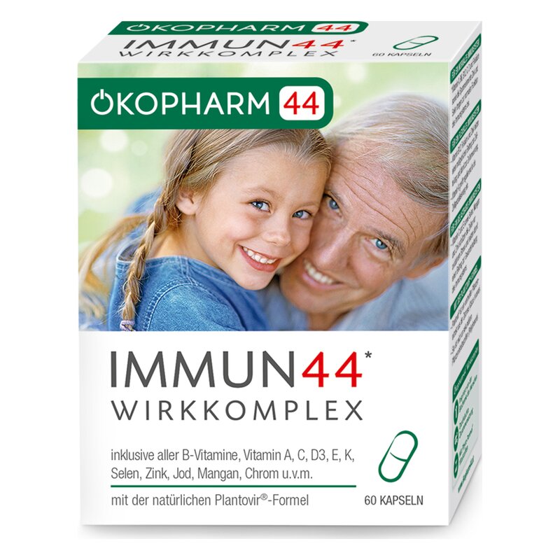 Verpackung von IMMUN44 Wirkkomplex mit Kapseln, zeigt lächelndes Kind und Erwachsene im Hintergrund, Grafiken und Inhaltsstoffe.