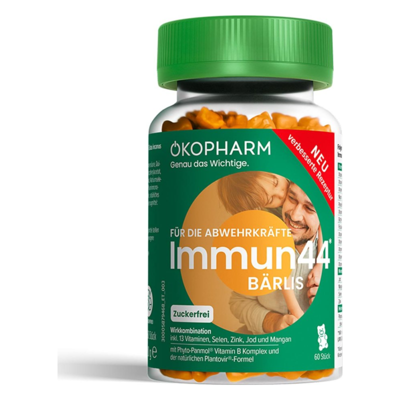 Transparente Flasche mit orangefarbenen Bärchenvitaminen namens Immun44 von ÖKOPHARM, zielgerichtet zur Unterstützung der Abwehrkräfte.