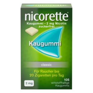 Verpackung von Nicorette Kaugummi mit 2 mg Nikotin, zuckerfrei, für Raucher bis 20 Zigaretten pro Tag.