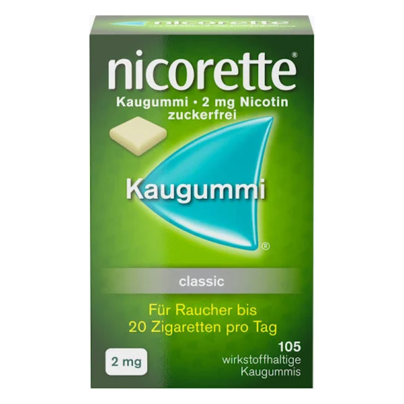 Verpackung von Nicorette Kaugummi mit 2 mg Nikotin, zuckerfrei, für Raucher bis 20 Zigaretten pro Tag.
