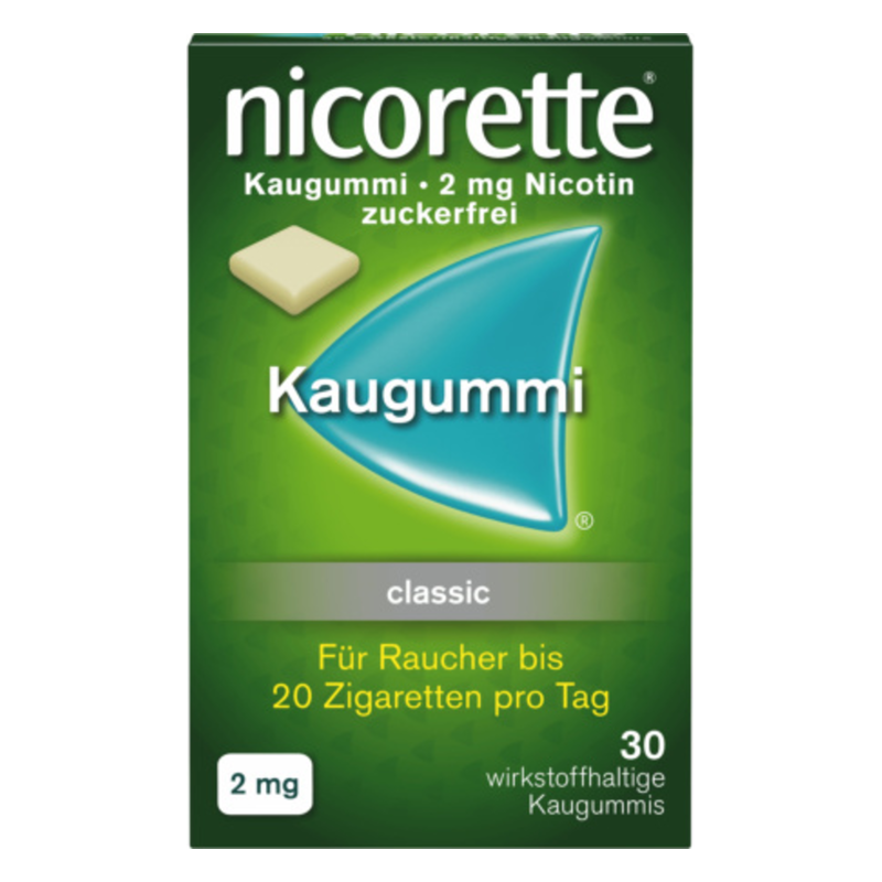 Verpackung von Nicorette Kaugummi mit Zigaretten-Hinweis und Dosierung von 2 mg Nikotin, zuckerfrei.