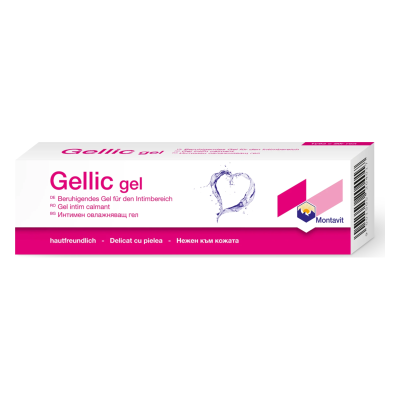 Verpackung von Gellic Gel, beruhigendes Gel für den Intimbereich, in einer Box mit pinkem Design.