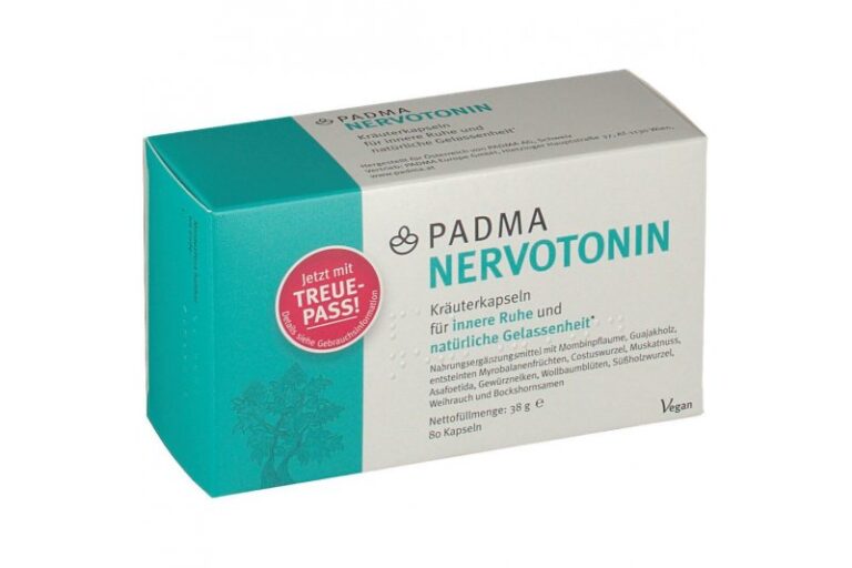 Verpackung von PADMA NERVOTONIN, Kräuterkapseln für innere Ruhe und Gelassenheit, in grüner Box mit weißem Text.