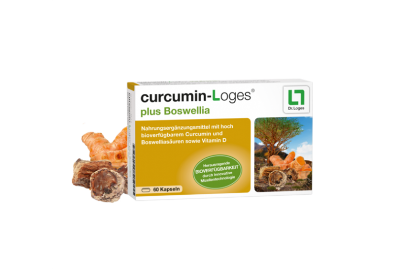 Verpackung von curcumin-Loges plus Boswellia mit Kapseln, umgeben von Kurkuma und Boswellia-Rinde.