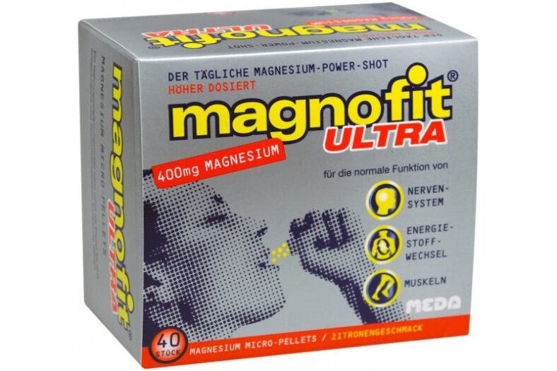 Verpackung von magnofit ULTRA, Magnesium-Power-Shot mit 400 mg Magnesium für Nerven, Energie und Muskeln, Zitrongeschmack.