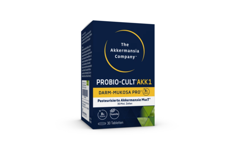 Verpackung des Nahrungsergänzungsmittels PROBIO-CULT AKK1 von The Akkermansia Company mit 30 Tabletten.