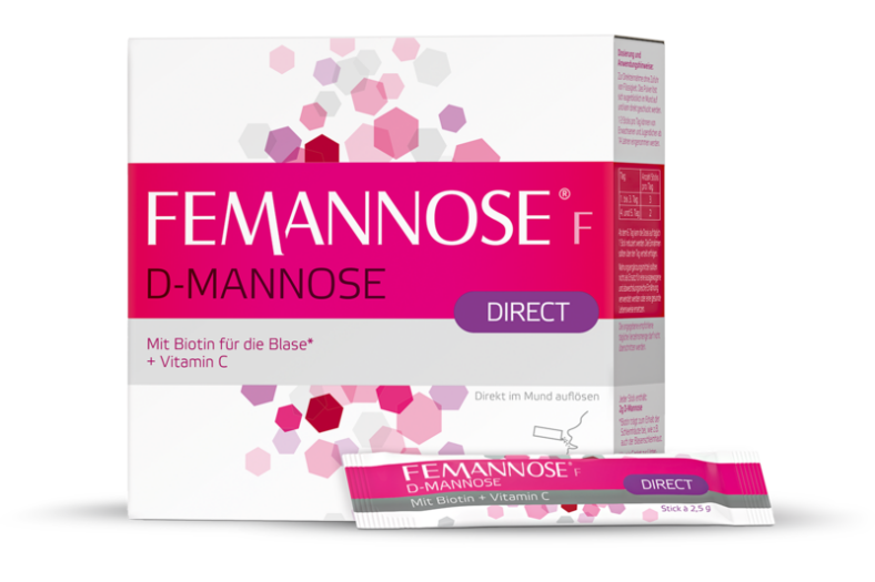 Packung mit D-Mannose-FEMANNOSE, enthält Biotin und Vitamin C, mit einem Sachet für die Einnahme direkt im Mund.