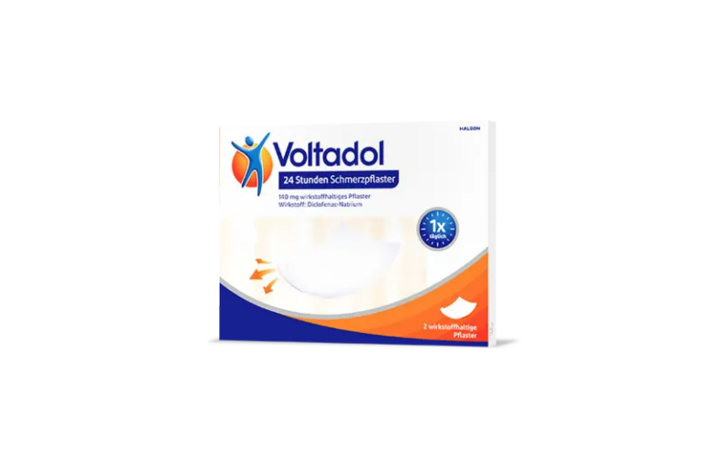 Verpackung eines Voltadol Schmerzpflasters, das 24 Stunden wirkt, mit Informationen zu Inhalt und Wirkstoff.