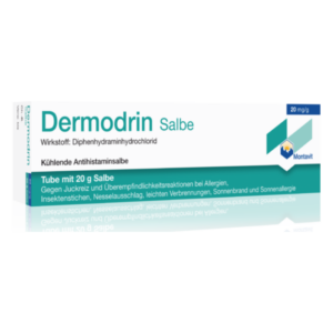 Verpackung einer Dermodrin Salbe in einer Tube, die zur Linderung von Hautreaktionen verwendet wird.
