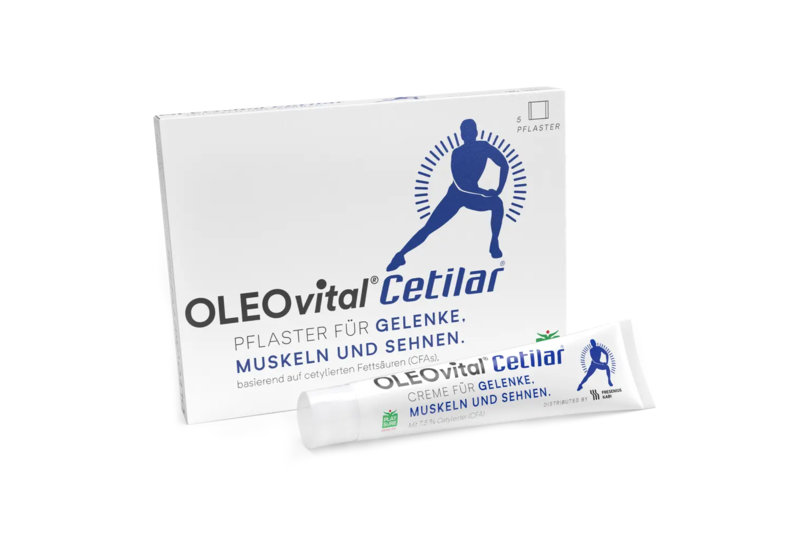 Verpackung von OLEOvitale Cetilar mit Pflaster und Creme für Gelenke, Muskeln und Sehnen, zeigt männliche Figur.
