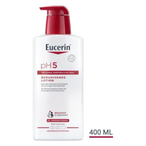 Flasche Eucerin pH 5 beruhigende Lotion für trockene Haut, 400 ml, mit Spender und roter Kappe, medizinische Hautpflege.