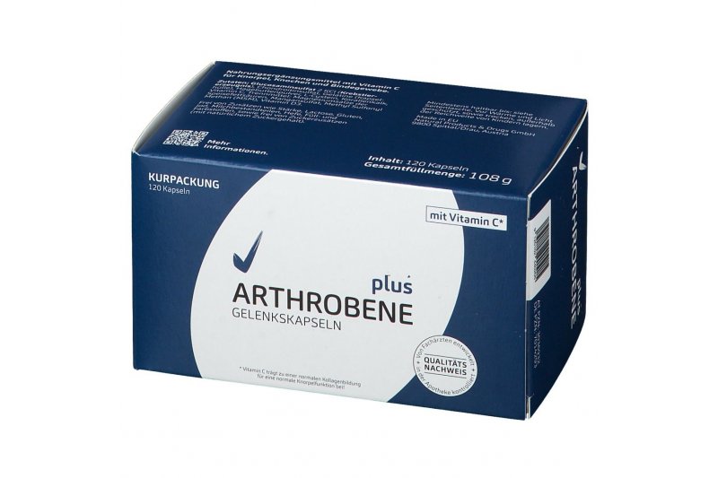 Kurpackung mit 120 Gelenk-Kapseln, enthält Vitamin C, blau-weiße Verpackung mit Angaben zur Verwendung.
