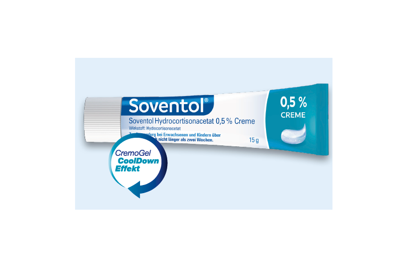 soventol-creme-0_5.png Soventol Creme mit 0,5 % Hydrocortisonacetat in einer 15 g Tube, präsentiert mit 'CremoGel CoolDown Effekt'.