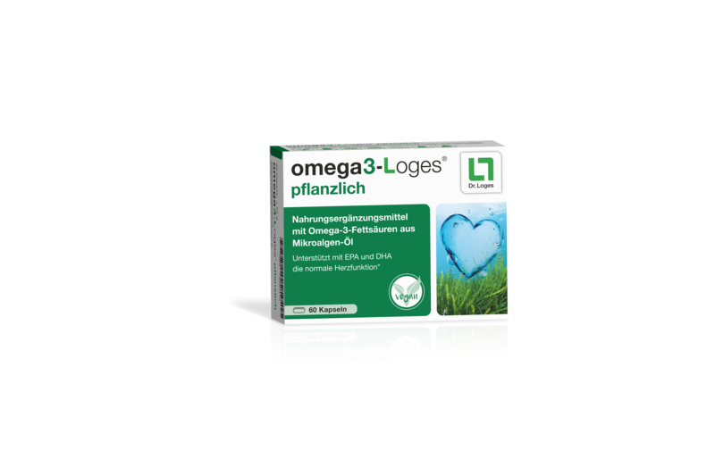 Verpackung des Nahrungsergänzungsmittels omega3-Loges mit Informationen über pflanzliche Omega-3-Fettsäuren und Herzfunktion.