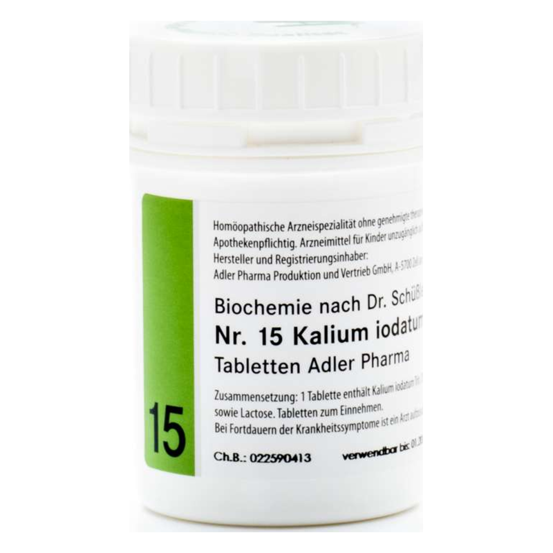 Weißes Behältnis mit grünem Aufkleber, beschriftet mit "Nr. 15 Kalium iodatum" und Herstellerangaben.