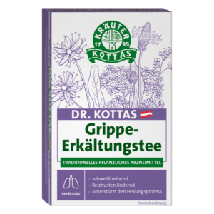 Verpackung von Dr. Kottas Grippe-Erkältungstee mit grüner Schrift und pflanzlichen Motiven, betont traditionelle Heilmittel.