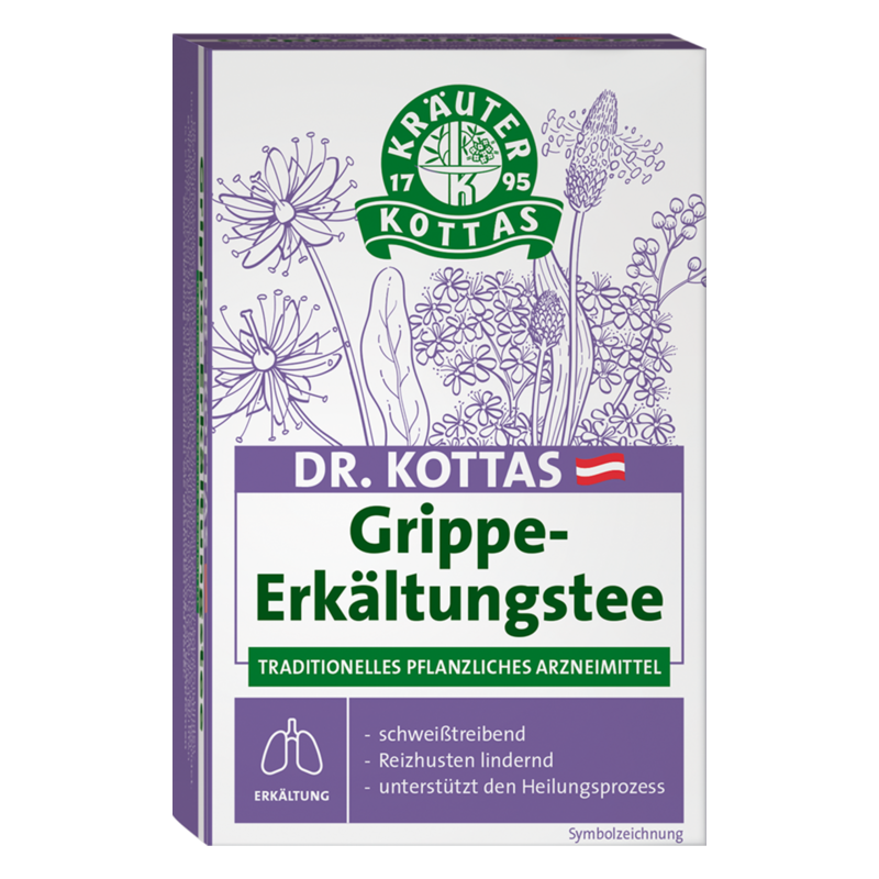 Verpackung von Dr. Kottas Grippe-Erkältungstee mit grüner Schrift und pflanzlichen Motiven, betont traditionelle Heilmittel.