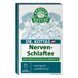 Verpackung des Nerventees von Dr. Kottas mit beruhigenden Pflanzenmotiven und Hinweis auf schlaffördernde Wirkung.