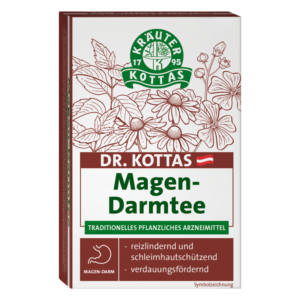 Verpackung von Dr. Kottas Magen-Darmtee mit Kräuterillustrationen und Informationen zu den Wirkungen.